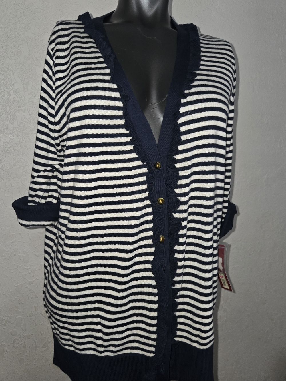 Merona Navy and White Striped Top with Coral Tag